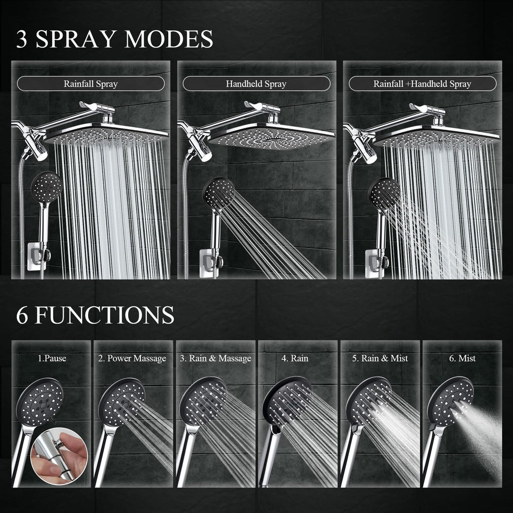 Veken 11.8 Inch Rectangle High Pressure Rain Shower Head Combo with Extension Arm- Wide Showerhead with 5 Handheld Water Spray - Adjustable Dual Showerhead with Anti-Clog Nozzles - Silver Chrome