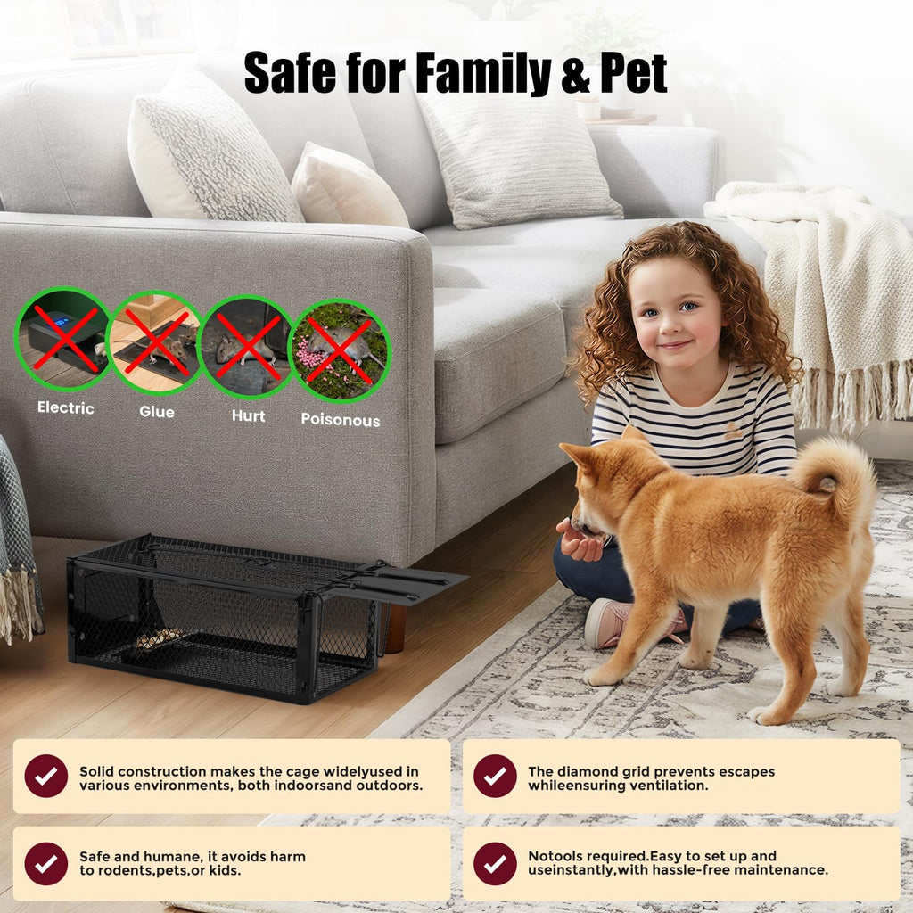 Pivmuth 2 Pack Humane Rat Traps 12.5"x5.5"x4.5", Reusable Mouse Traps for Indoor/Outdoor Use, No-Kill Live Capture for Chipmunks, Squirrels, Rats, Mice