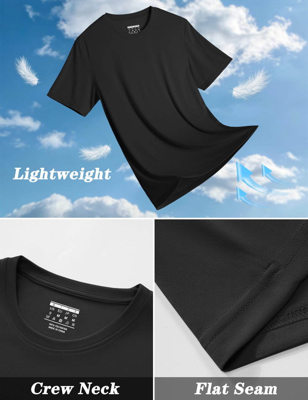 Mens Athletic Sun T-Shirts Lightweight Shirts UV Protection Clothing for Men Outdoor Hiking Shirts Gym Shirts Sports Shirts Black