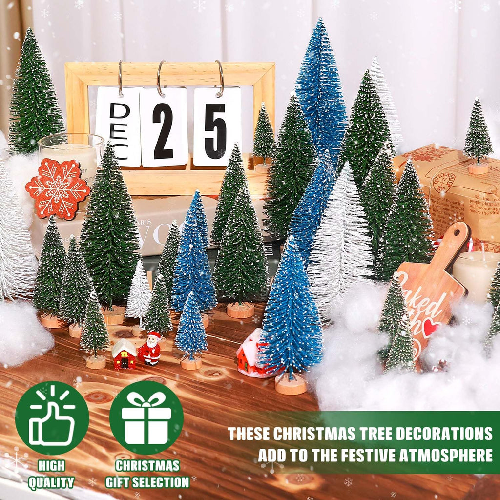 30Pcs Mini Christmas Trees Artificial Christmas Tree Bottle Brush Trees with Wooden Base for Christmas Decor Christmas Party Home Table Craft Decorations(Green+Blue+White)