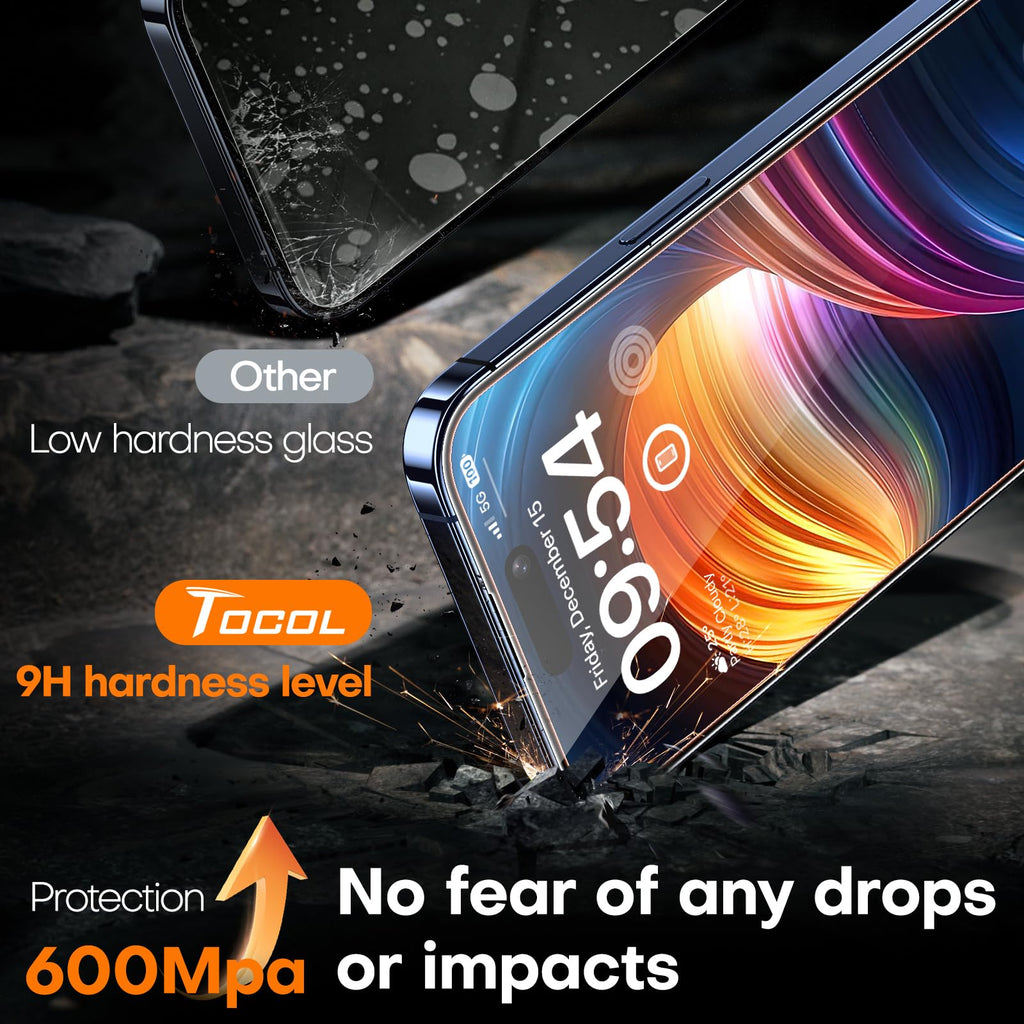TOCOL for iPhone 15 Pro Max Screen Protector, [9H Hardness] [Military Grade Shatterproof] HD Tempered Glass for iPhone 15 Pro Max Full Coverage Screen Protector, Easy Installation, 2 Pack