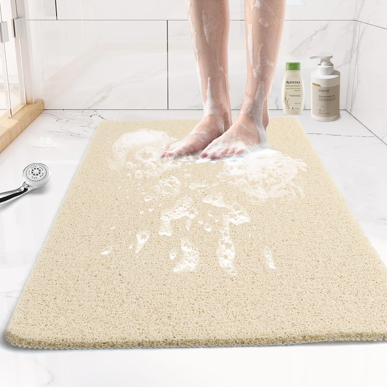 Joyhalo Shower Mats for Showers Anti Slip for Elderly, 17'' x 30'' Non Slip Bath Mat for Inside Shower, Bath Tub Mats for Bathroom Non Slip for Shower, PVC Loofah Bathroom Mats, Beige