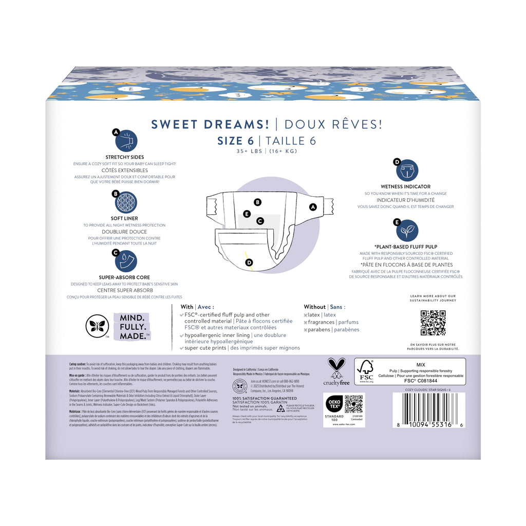 The Honest Company Comfort Dry Overnight Diapers, Up to 12 Hours Protection, Hypoallergenic, Fragrance-Free, Cozy Cloud + Star Signs, Club Box Size 6 (35+ lbs), 34 Count
