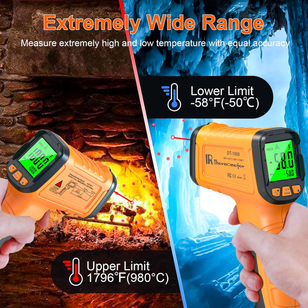 Infrared Thermometer Pyrometer -58℉ to 1796℉(-50~980°C), 30:1 Non Contact Digital Laser Thermometer Temperature Gun for Cooking, Home Repairs, High and Low Temperature Alarm, Adjustable Emissivity