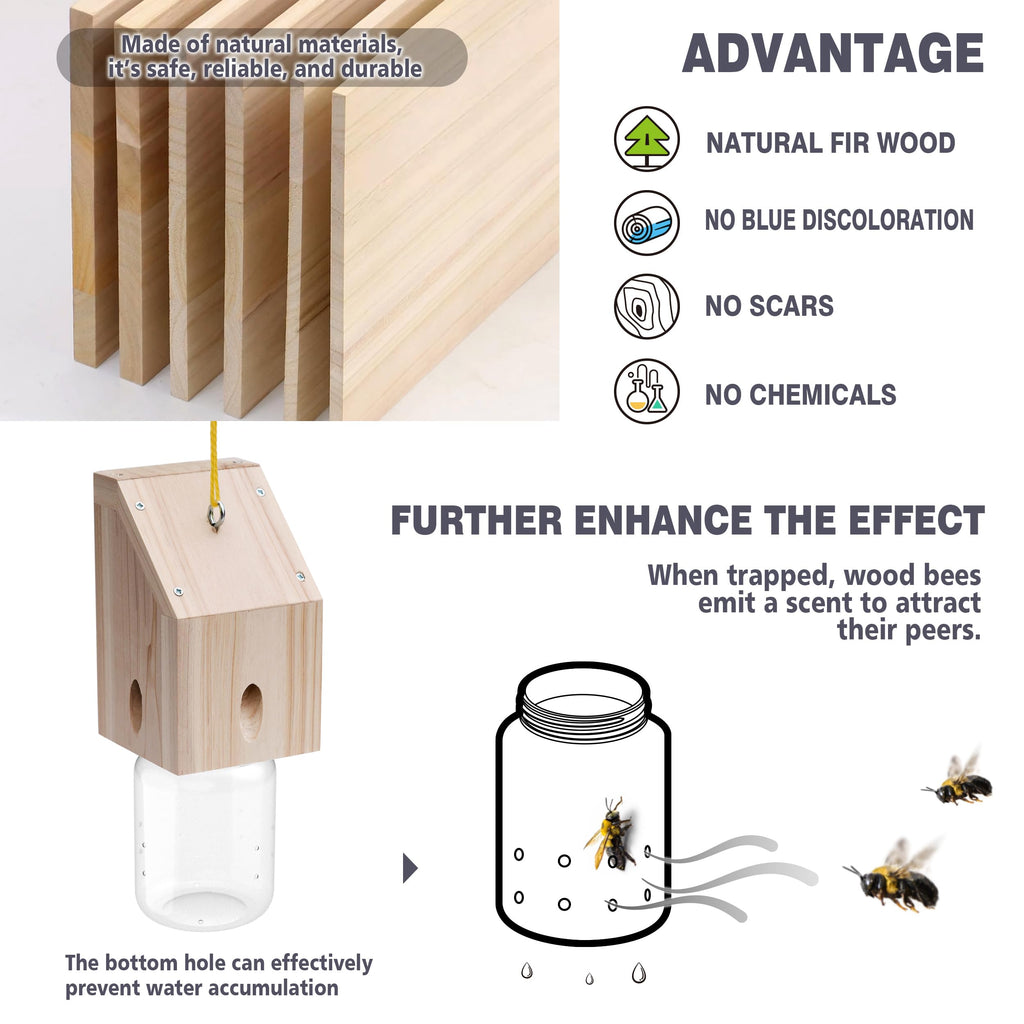Carpenter Bee Trap for Outside - Shed Style Nature Hanging Wood Trap for Outdoor with Removable Bee Vault Plastic Jar (1 Pack)