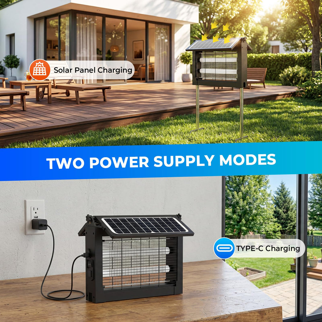 Upgraded Solar Bug Zapper Outdoor with Dual Panels, 4500V Cordless Rechargeable Fly Insect Killer Waterproof Electric Mosquitoes Zapper for Patio Garden Backyard RV Camping Pond