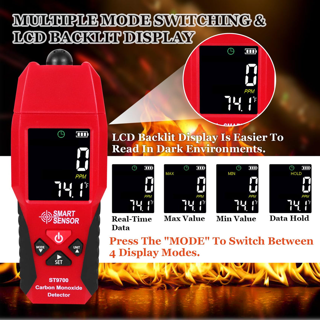 Lunarlipes Handheld Carbon Monoxide Meter, Portable Carbon Monoxide Detector with Temperature Sensor ＆ LCD Color Display, Professional-Grade CO Meter Tester 0-1000PPM Range (Includes Battery x3)