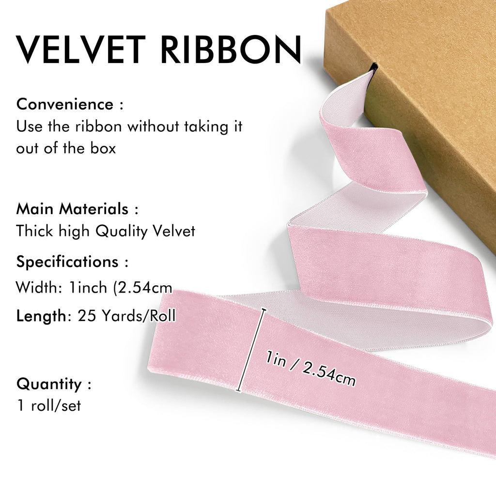 Pink Velvet Ribbon 1'' 25 Yards for Christmas Tree, Gift Wrapping, Flower Bouquet, Wreath Decorations, Bow Making
