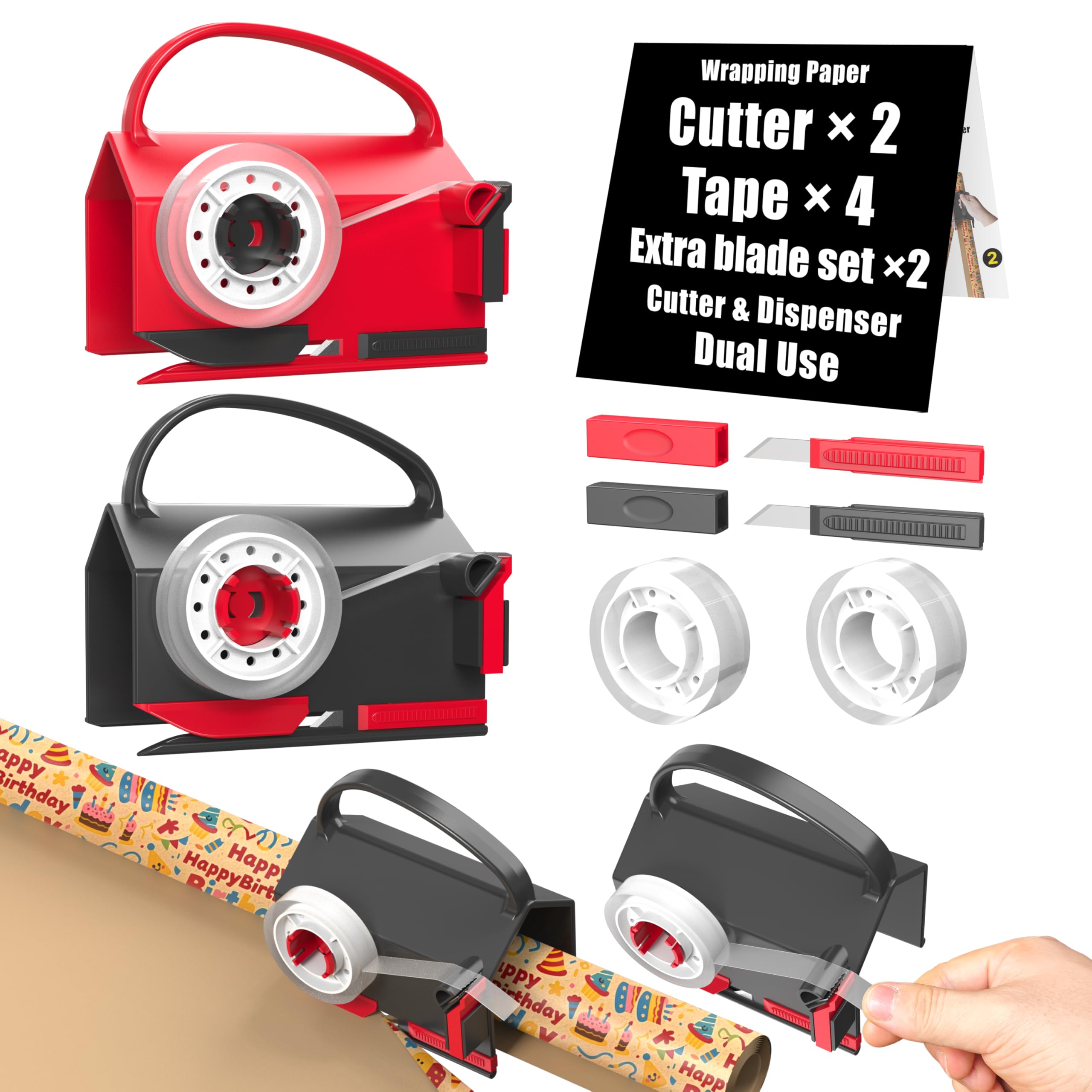 Wraprocut (2-Pack) Wrapping Paper Cutter & Tape Dispenser Dual Use with 4 Tapes，2 Replace Blades Kit for Christmas Gift Wrap Cutter Tool Paper Roll Holder Tube Sliding Slicing for Birthday Holiday.