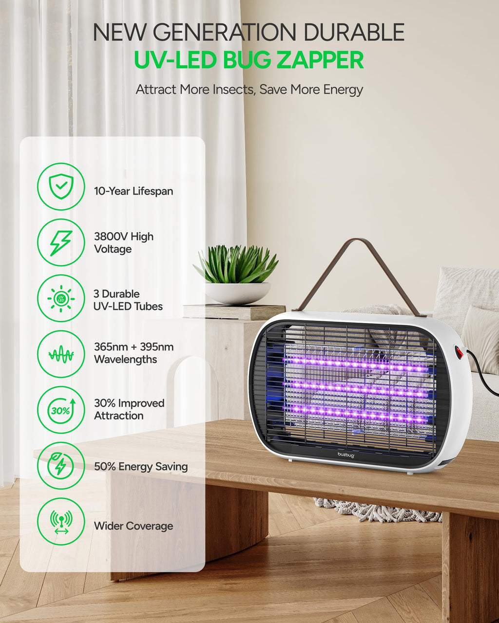 Buzbug Upgraded LED Bug Zapper Indoor, LED Bulbs Up to 50,000 Hours, 3 Lamps Sustainable Less Power, 3800V Powerful Electric Mosquito Zapper, Fly Trap Mosquito Trap, Fly Killer Fly Zapper