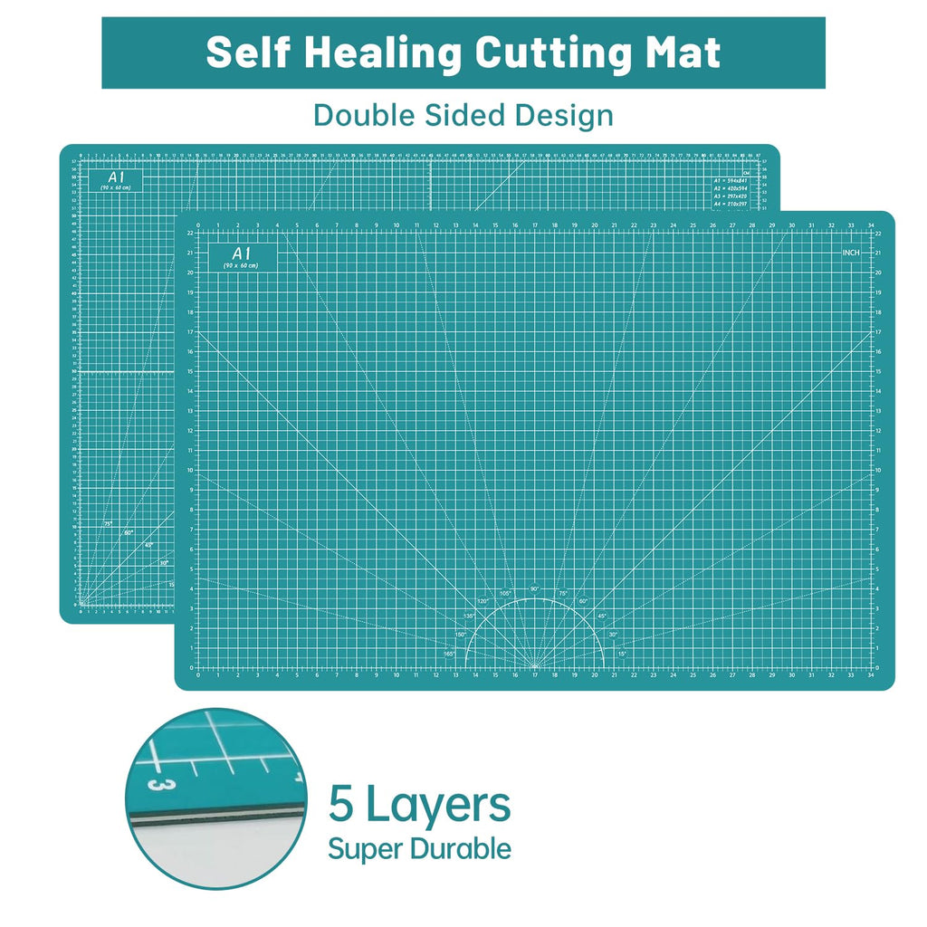 Rotary Cutter Set - Quilting Kit incl. 45mm Fabric Cutter, 5 Replacement Blades, A1 Cutting Mat, Acrylic Quilting Ruler and Sewing Clips, Craft Knife Set, Ideal for Crafting, Sewing, Patchworking