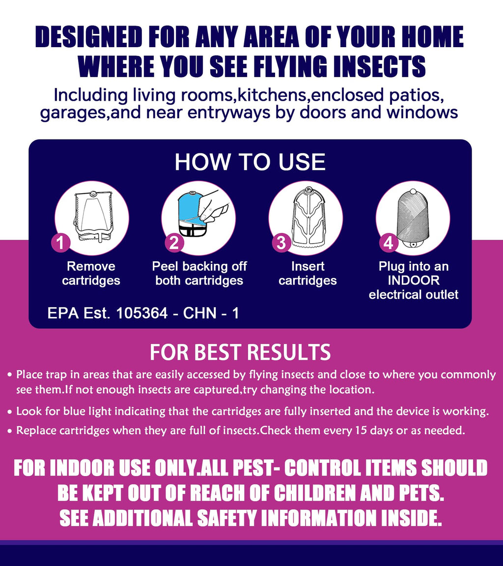 Flying Insect Trap (1 Stater & 3 Refill Cartridges), UV Light Indoor Bug Catcher for Gnats, Fruit Flies, Mosquitoes, and Moths, Plug-in Fly Trap for Home, Kitchen, Living Room