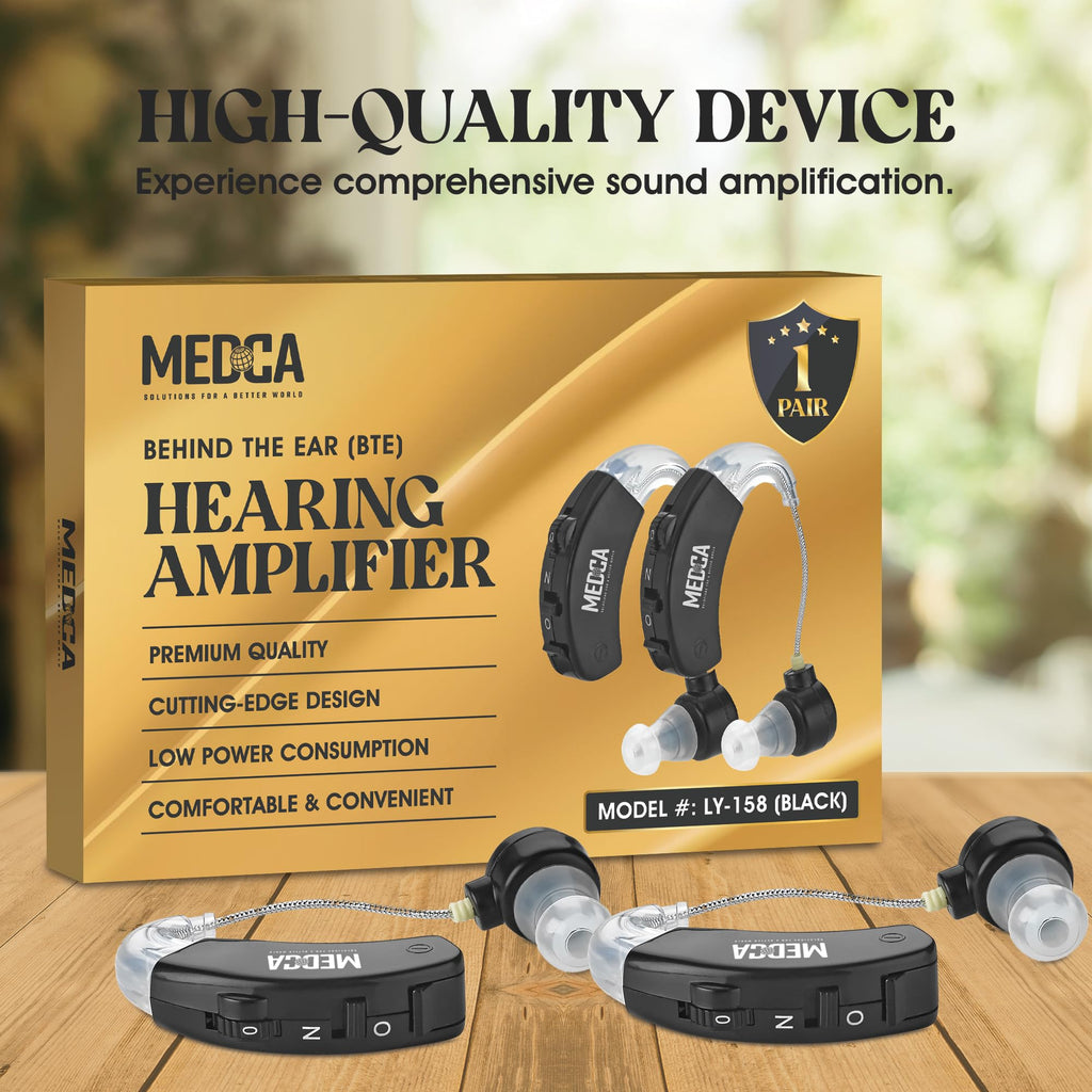 Behind the Ear Sound Amplifier - BTE Hearing Ear Amplification Device and Digital Hearing Aids for Seniors PSAD for the Hard of Hearing, Noise Reducing, Black, By MEDca