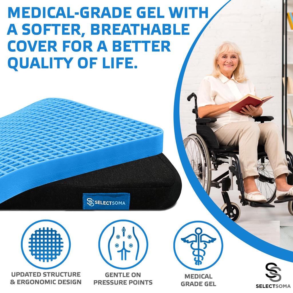 SelectSoma Travel Gel Seat Cushion for Long Sitting - Travel Pad for Car, Truck, Office Chair, Wheelchair - Cooling Gel Cushion for Sciatica, Tailbone, Back Pain, and Pressure Relief