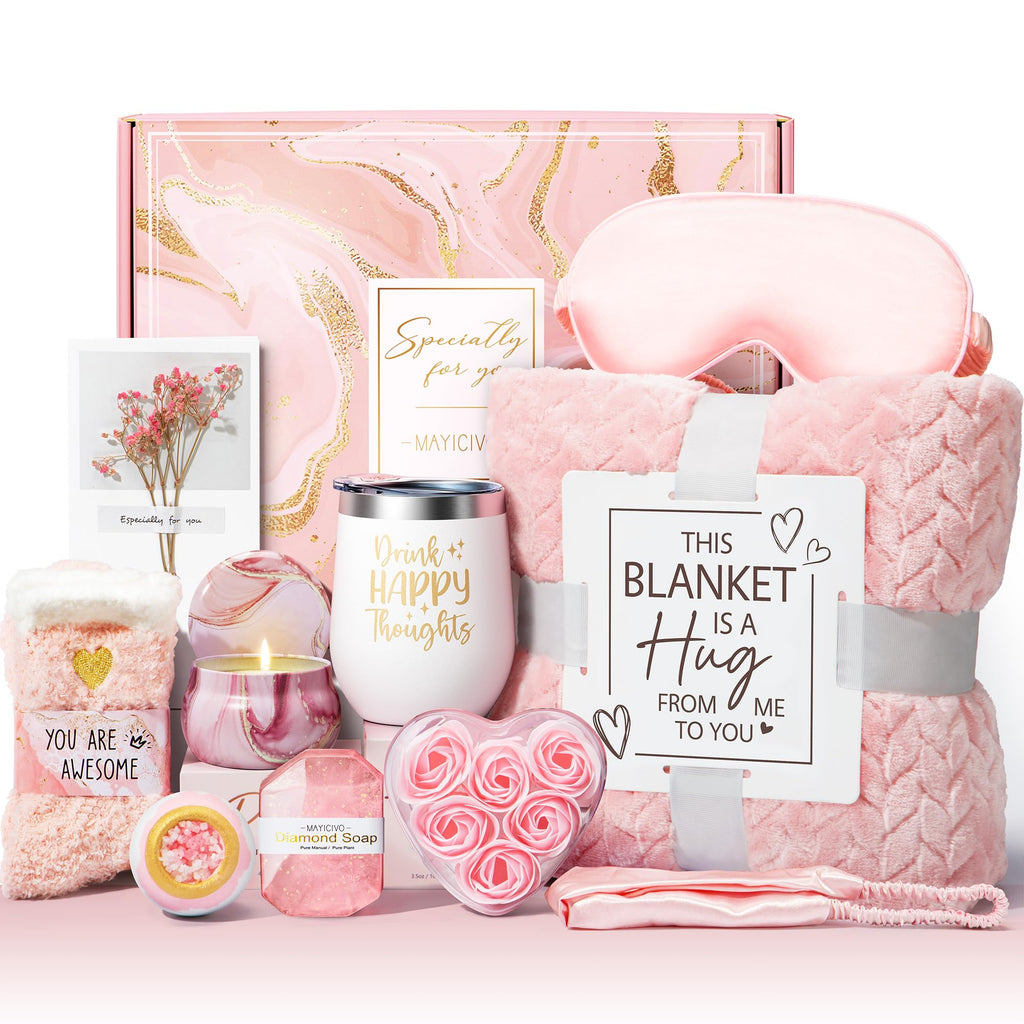 Birthday Gifts for Women Self Care Gifts Get Well Soon Gifts, Rose Relaxing Spa Gifts Basket Care Package w/ Luxury Flannel Blanket, Unique Christmas Gifts for Mom Her Friend Sister Wife Grandma