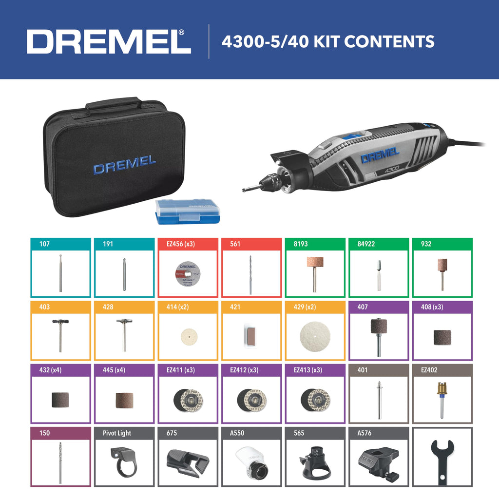 Dremel 4300-5/40 Rotary Tool Kit with LED Light - 5 Attachments & 40 Accessories - Ideal for Grinding, Cutting, Wood Carving, Sanding, and Engraving
