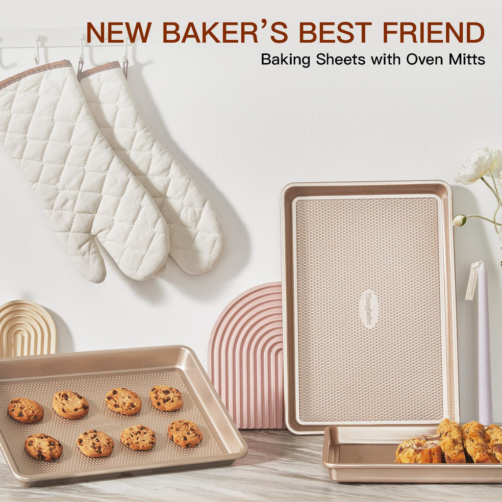 HONGBAKE 3 Pack Gold Nonstick Baking Sheet Pan Set with Oven Mitts Heat Resistant, Non-Toxic Half/Quarter/Jelly Roll Pans with Diamond Texture Pattern, Heavy Duty 0.8mm Thick Cookie Trays for Cooking