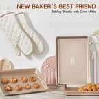 HONGBAKE 3 Pack Gold Nonstick Baking Sheet Pan Set with Oven Mitts Heat Resistant, Non-Toxic Half/Quarter/Jelly Roll Pans with Diamond Texture Pattern, Heavy Duty 0.8mm Thick Cookie Trays for Cooking