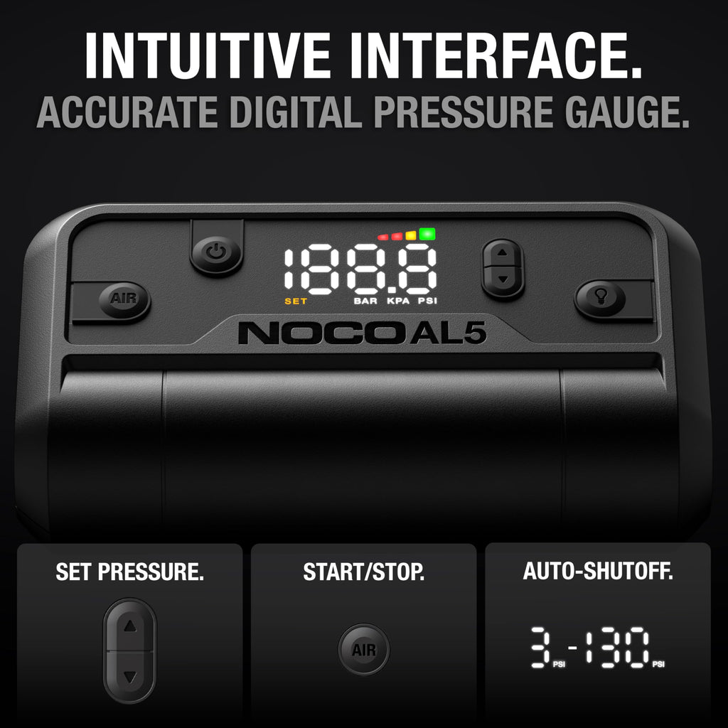 NOCO Air AL5: Cordless Tire Inflator – Portable Rechargeable Air Compressor with USB-C – 17 LPM Inflates 0–40 PSI in 7 Minutes – Digital Gauge + Auto-Shutoff – For Tires up to 31-Inches