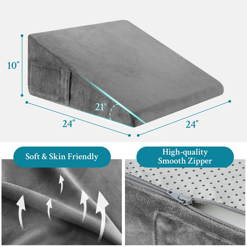 Domusensus Wedge Pillow for Sleeping, 10" Bed Wedge Pillow for After Surgery, Triangle Pillow Wedge for Heartburn, Acid Reflux, GERD, Back Pain Relief, Neck Pain, Soft & Cooling Memory Foam Top