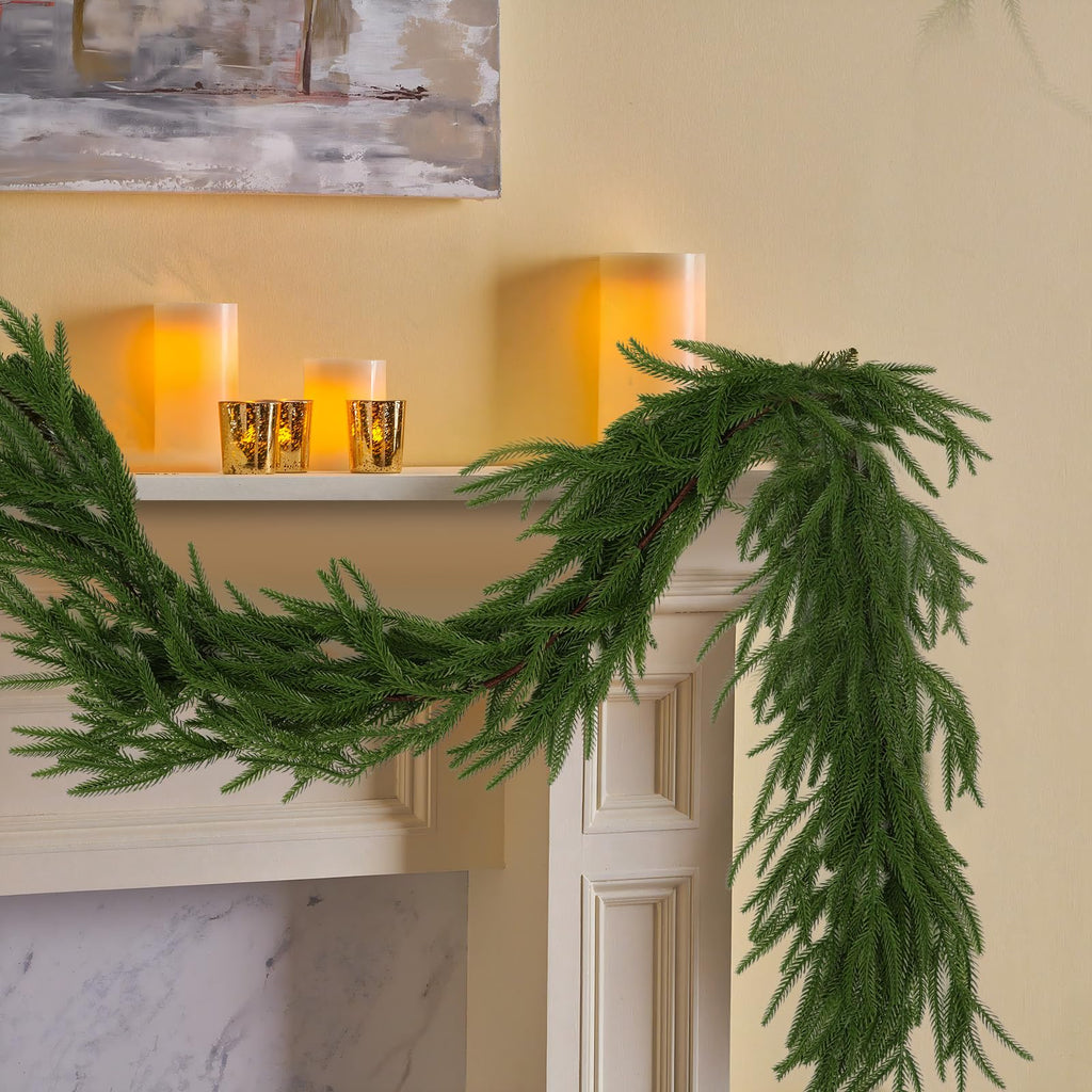 Hananona 4 Pcs Artificial Norfolk Pine Garlands, Real Touch Winter Pine Garland, Green Artificial Greenery Garland for Table, Mantle, Wall, Indoor, Outdoor Christmas Decorations (4, 6 FT)