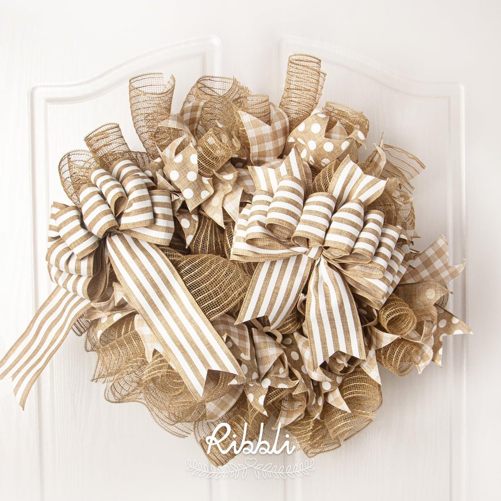 Ribbli Poly Burlap Mesh Ribbon, 10 inch x 30 feet(10Yard), Natural with Jute, Christmas Ribbon for Wreath Swags and Christmas Tree Decoration