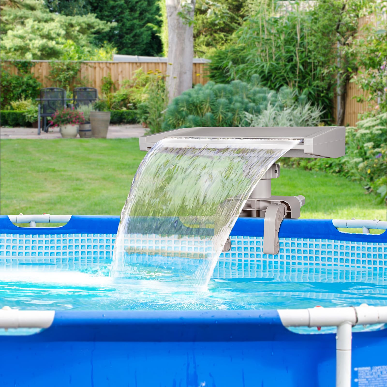 Pool Fountain Waterfall for Above Ground Pools, Swimming Pool Frame Attachment Clamp Accessory, Relaxing Cascade Soothing Waterfall, Adjustable Width Fits Various Frames (Beige)