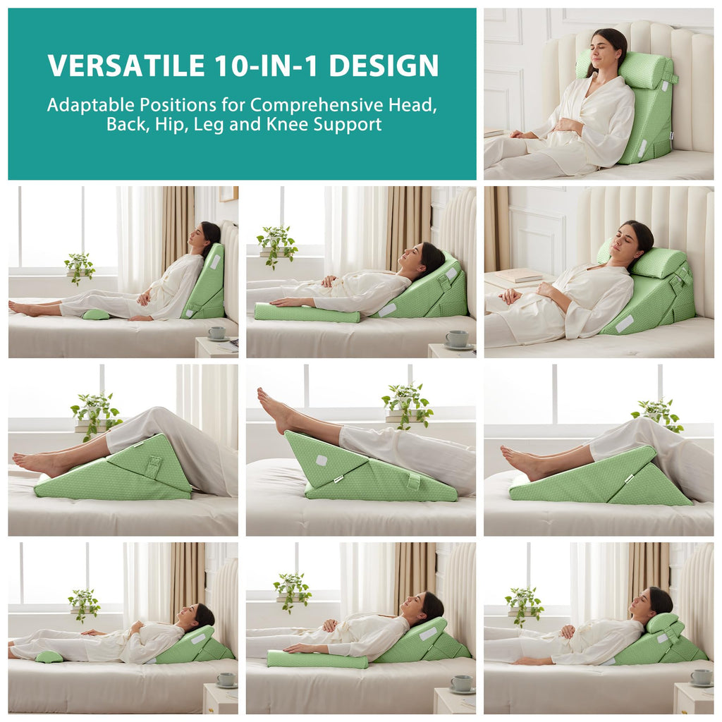 Bedluxe 3Pcs Orthopedic Bed Wedge Pillow Set, Foam Wedge Pillow Post Surgery for Back, Leg and Knee Support, Adjustable 9&12 Inch Folding Triangle Pillow for Sleeping, Acid Reflux, Snoring, Green