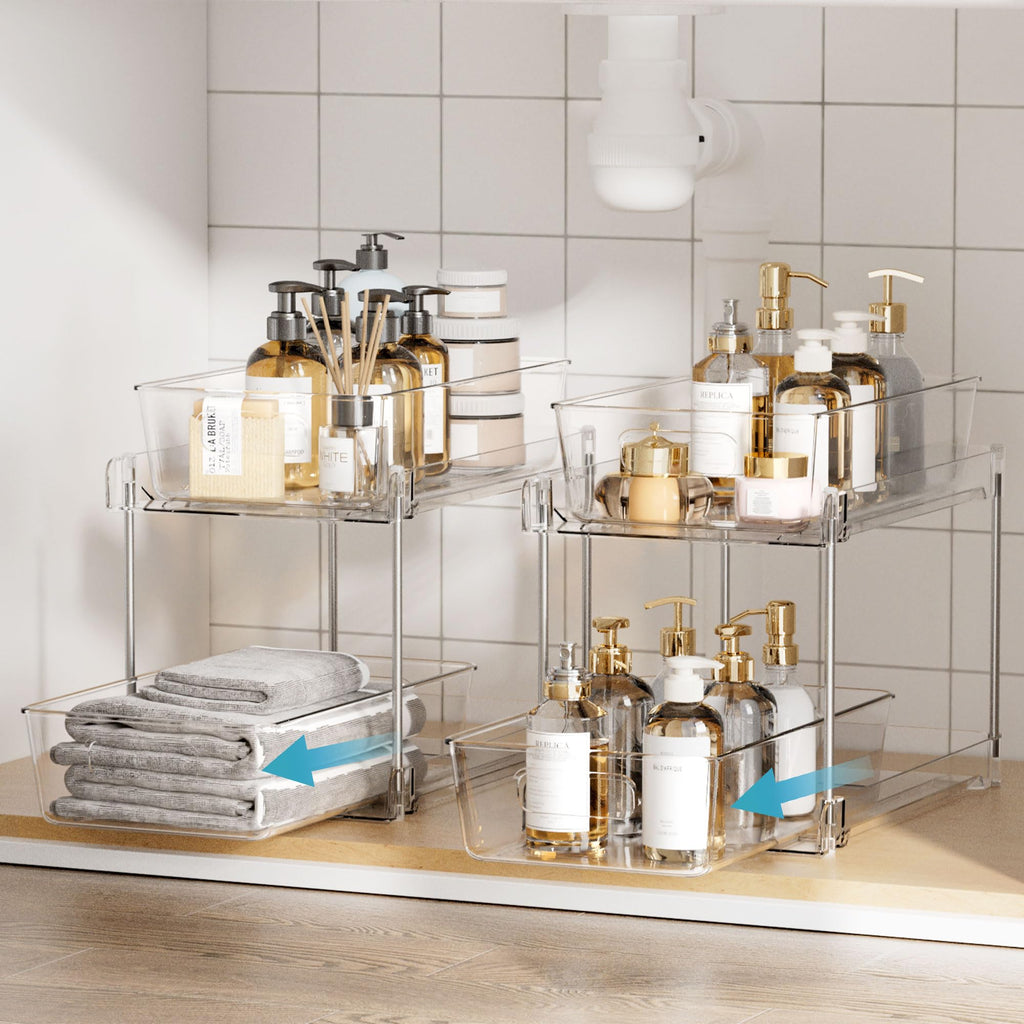 Vtopmart 2 Tier Bathroom Storage Organizer, 4 Pack Clear Under Sink Organizers Vanity Countertop Storage Container, Medicine Cabinet Drawers Bins, Pull-Out Organization with Track for Pantry, Kitchen