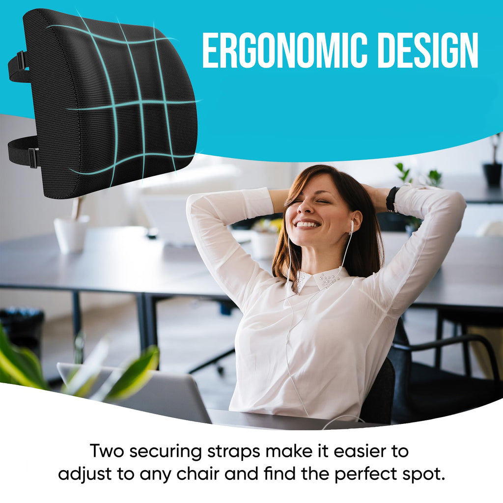 FORTEM Lumbar Support Cushion, Back Support for Office Chair and Car Seat, Back Rest for Gaming Chair, Memory Foam Pillow, Desk Chair Cushion, Breathable & Washable Cover, Adjustable Straps