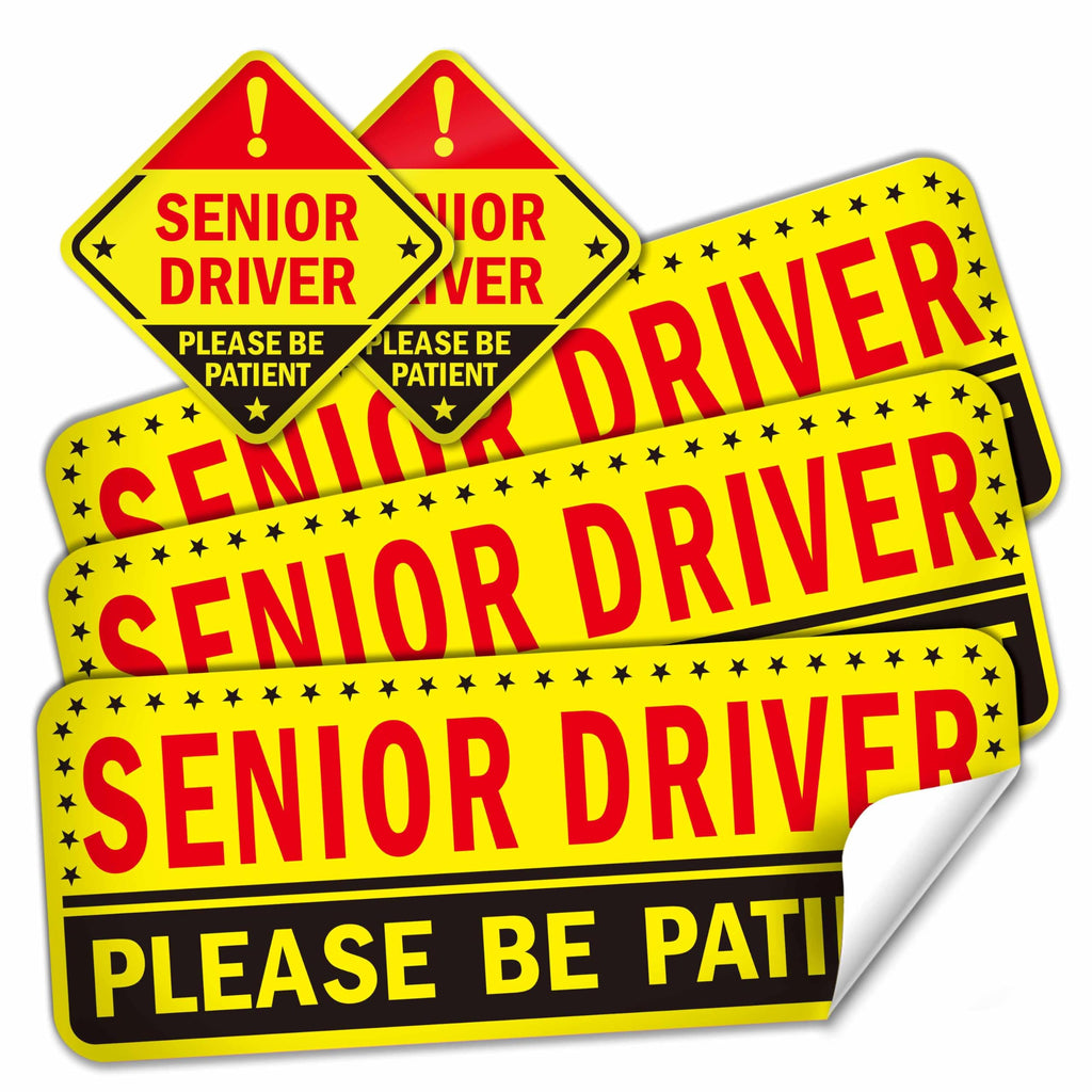 5-Pack Senior Driver Stickers (Non-Magnetic) – Promotes Road Safety for Elderly Drivers, Reusable, Reflective, Paint-Safe Decals for Car Bumper and Windows