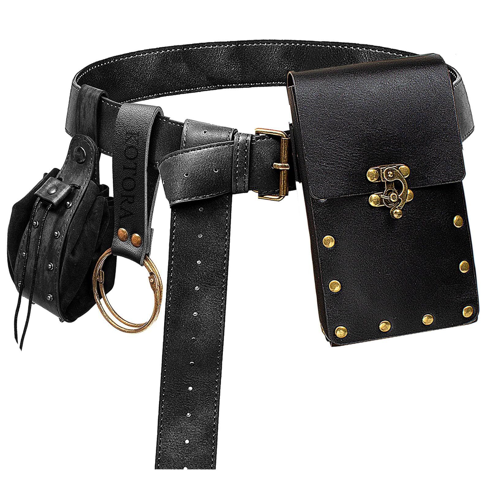 Renaissance Belt Pouch Coin Purse Skirt Hike Set Medieval Festival Costume Halloween Accessories Casual Fanny Pack Waist Bag (2Pouch-Black)