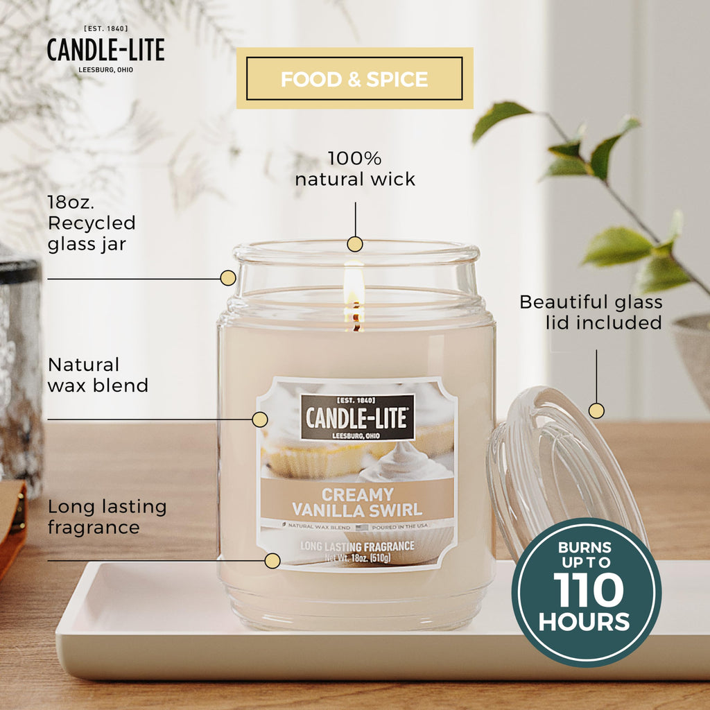 Candle-lite Scented Candles, Creamy Vanilla Swirl Fragrance, One 18 oz. Single-Wick Aromatherapy Candle with 110 Hours of Burn Time, Off-White Color