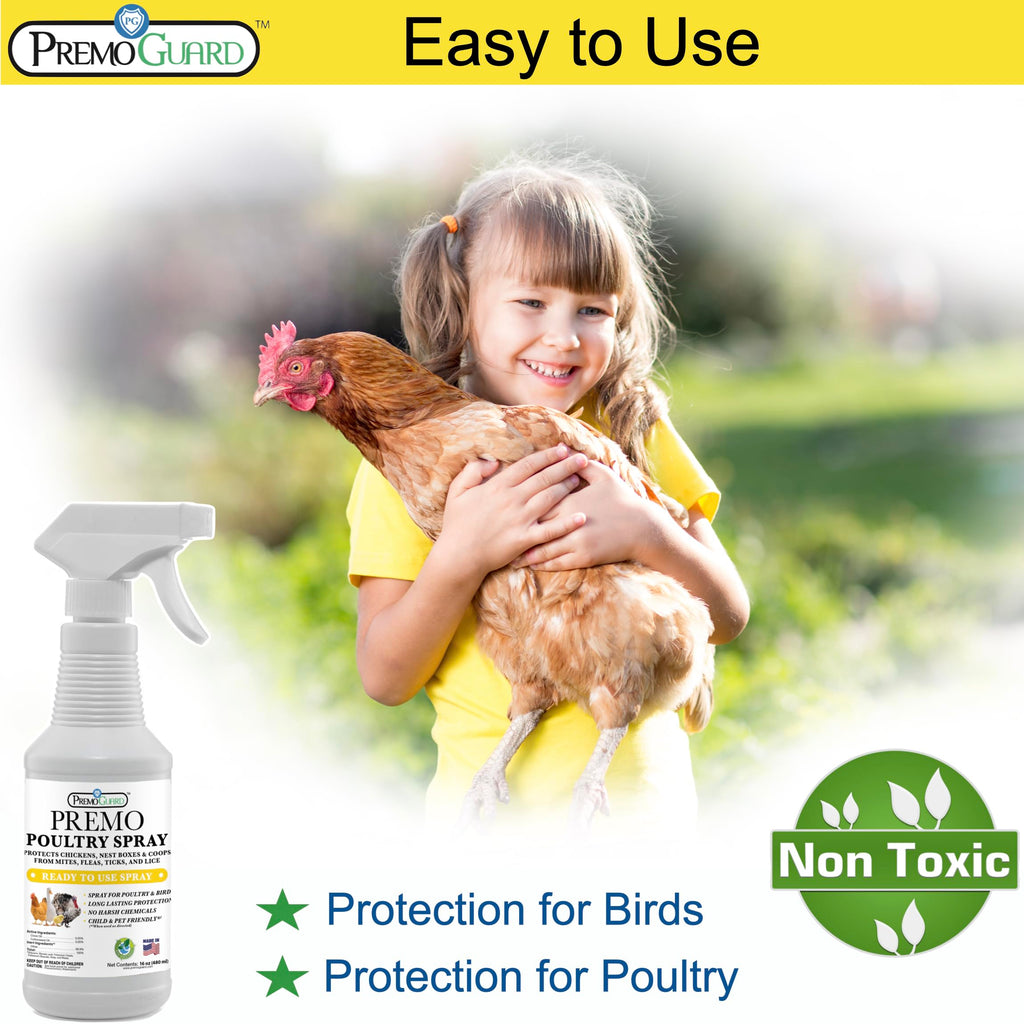 Premo Guard Poultry Spray - 16 oz - Kill Scaly Leg, Mites, Fleas, Lice, & Other Pest on Chickens and in Coops - Natural Plant Based Oils for Control, & Prevention - Family Safe with No Egg Withdrawl
