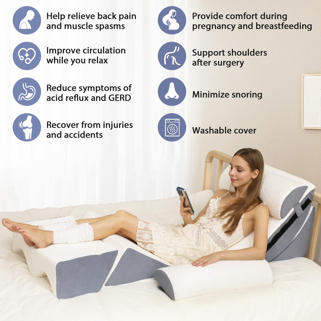 Acxseo 6pcs Orthopedic Bed Wedge Pillow Set for After Surgery, Foam Wedge for Sleeping/Back, Neck, Leg Support, Acid Reflux, Gerd, Anti Snoring, Adjustable Support Pillow with Washable Cover - White