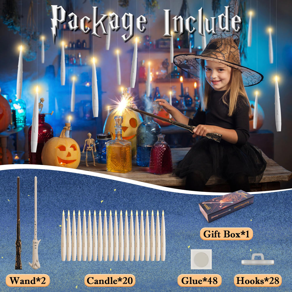 JOIONE Floating Candles with Wand, 20 Pack Halloween Flameless Candles Magic Hanging Taper Candles with 2 Wand Remotes, Battery Operated Candles for Halloween Christmas Birthday Party Decor Ivory