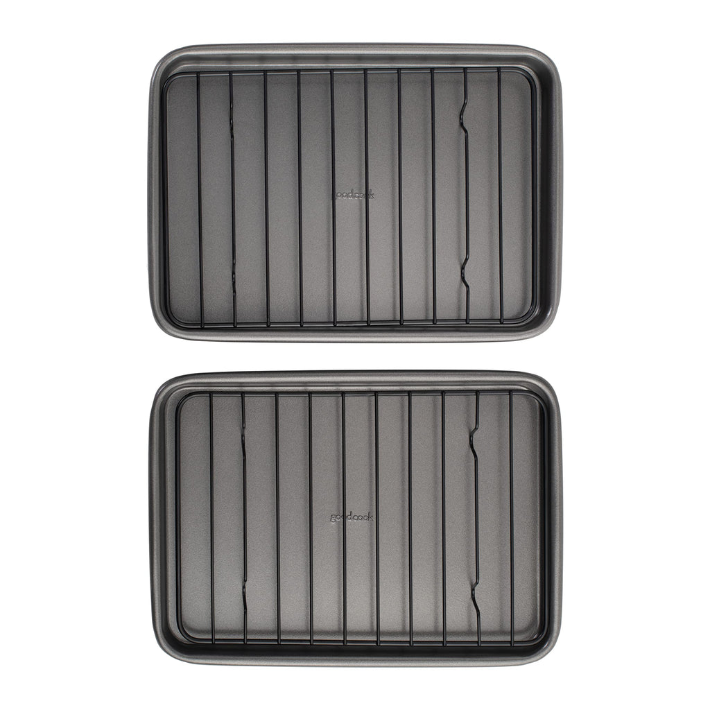 GoodCook Set of 2 Nonstick Steel 9" x 6.2" Toaster Oven Mini Baking Sheets with Racks, Gray