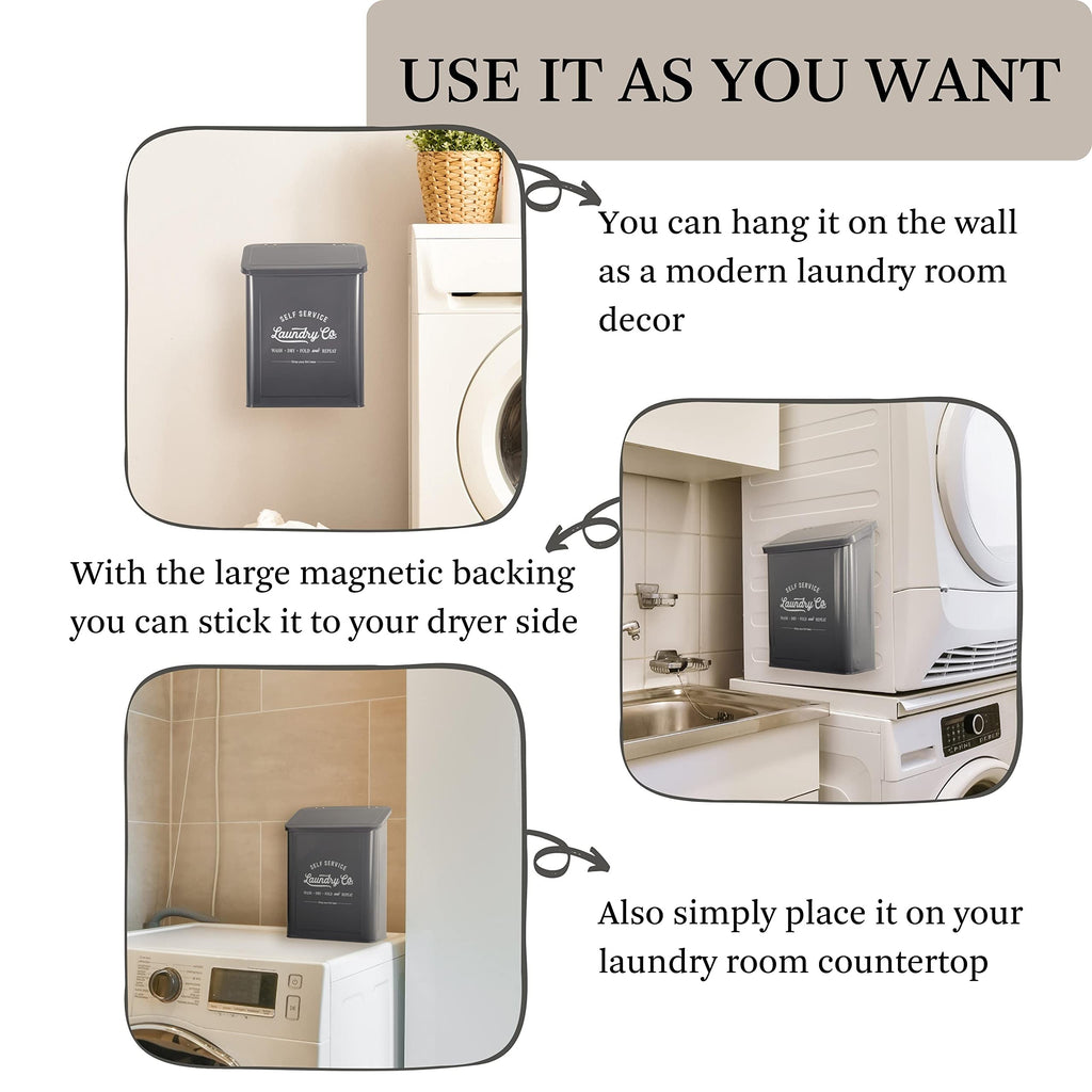 MONJITA Magnetic Lint Bin for Laundry Room, Wall Mounted Lint Trash can with lid for Dryer, Farmhouse Laundry Co Sign, Laundry Room Organization and Storage Decor with Dryer Lint Brush(Grey)