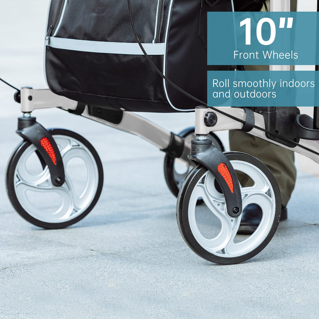 ELENKER Upright Walker, Stand Up Folding Rollator Walker with 10” Front Wheels Backrest Seat and Padded Armrests for Seniors and Adults, Silver
