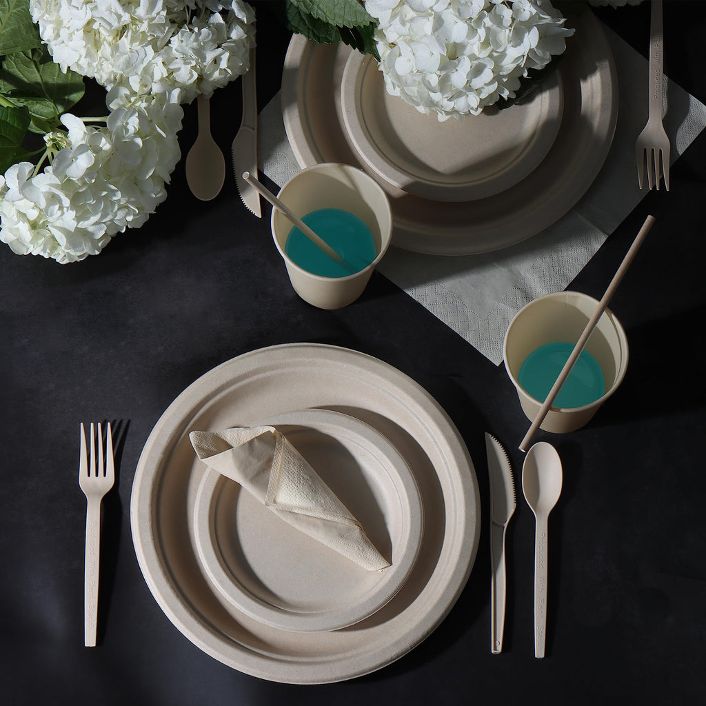ALPIO 400 Piece Compostable Dinnerware Set for 50 Guests, Biodegradable Paper Plates Set, Eco-Friendly Disposable Plates & Utensils include Paper Plates, Forks Knives Spoons Straws Napkins for Party