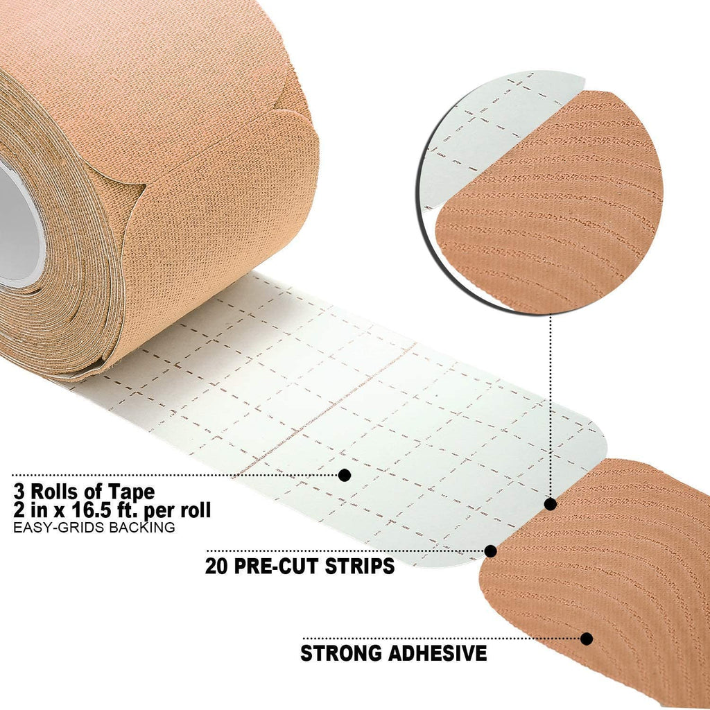 Precut Kinesiology Tape Bulk - 3 Pack Rolls for Knee, Shoulder, Wrist, Muscles, Ankle - Designed to Support Athletic Performance, Sports Kt Pain. Waterproof, Kinesio Guide - Rock Tex Black