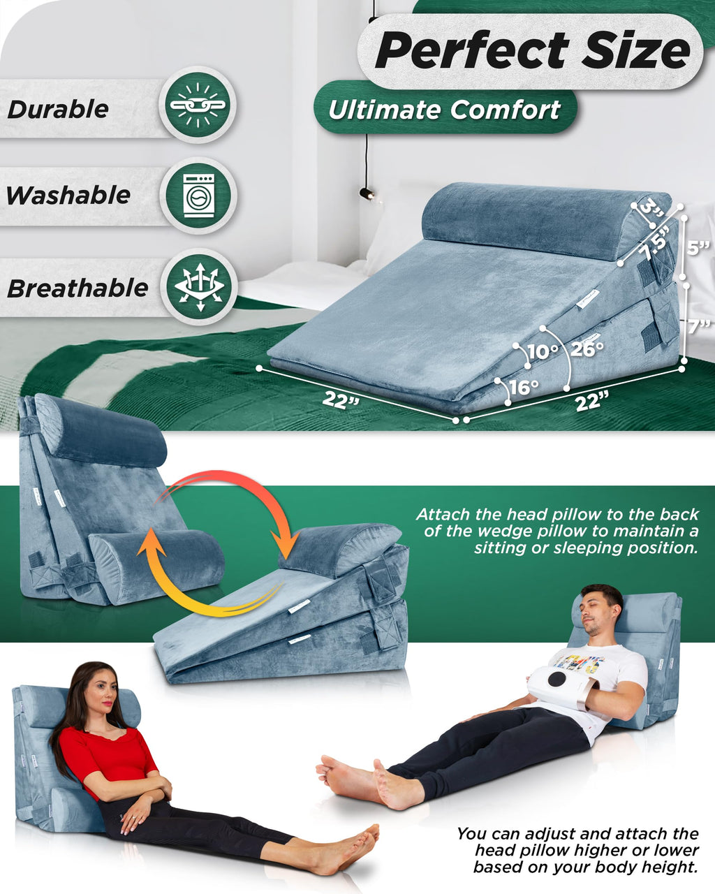 Lunix 4pcs Orthopedic Bed Wedge Pillow Set, Post Surgery Memory Foam for Back, Leg, and Knee Pain Relief, Adjustable Sitting Pillow for Sleeping, Acid Reflux, and GERD, with Hot Cold Pack, Gray