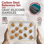 BAKKEN Cookie Sheets for Baking Nonstick Set - 3-Piece Stackable Carbon Steel Baking Sheet Pans Set with Silicone Handles, Non Toxic Cookie Sheets for Baking Bakeware Set - White Marble