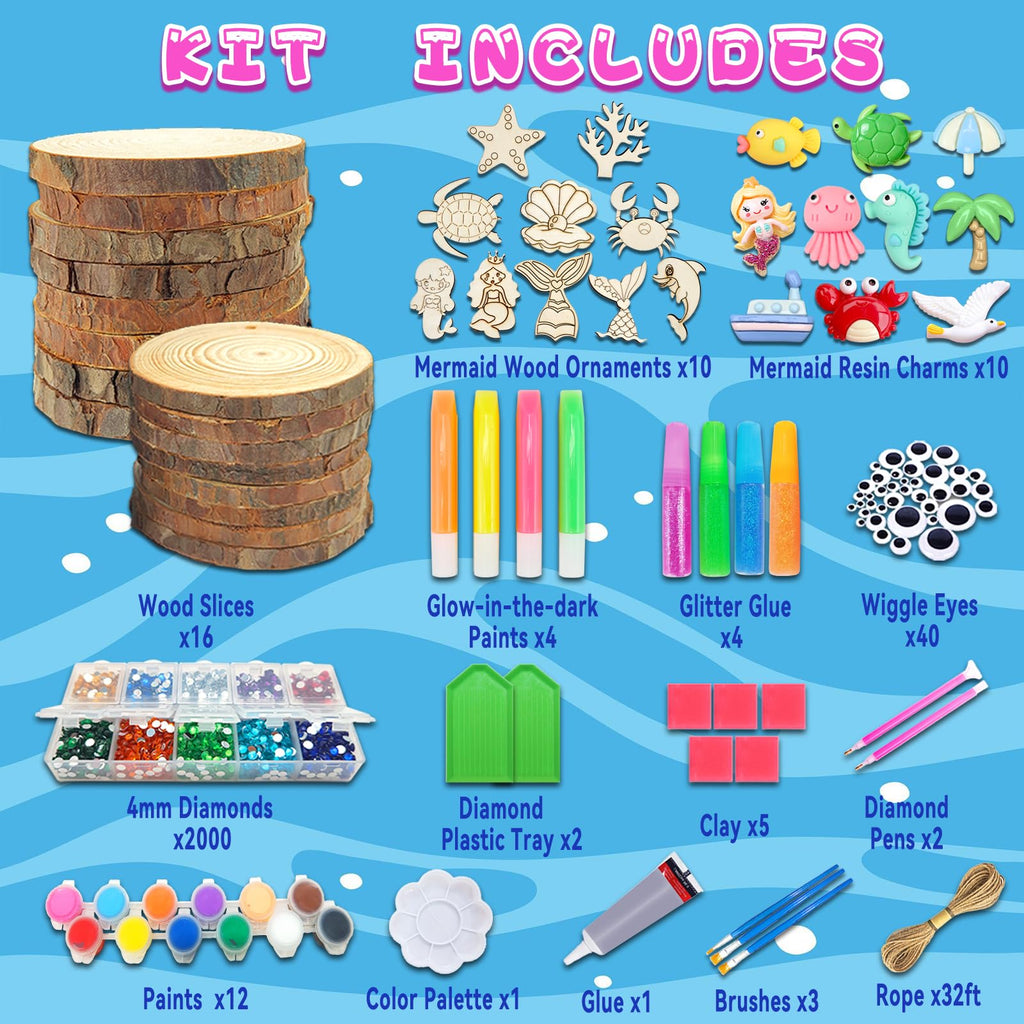 klmars Mermaid Themed Wooden Painting Kit-Glow in The Dark-Arts & Crafts Gifts for Kids Girls Ages 5-12-Wood Slice Craft Activities Kits -Mermaid Art Toys for Kids Christmas Gifts