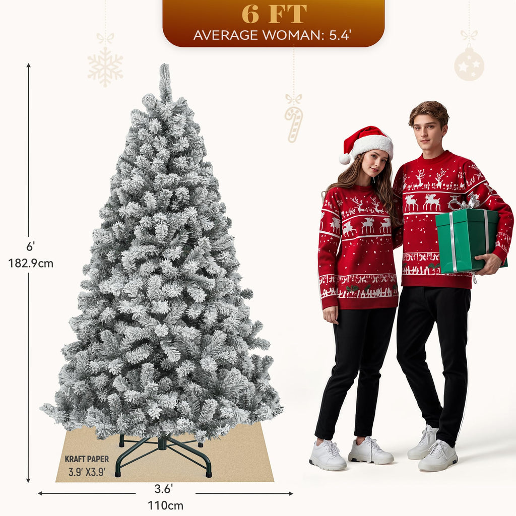 YITAHOME Prelit Snow Flocked Artificial Full Christmas Tree 6ft with Remote Control, Christmas Pine Tree with 11 Light-Modes, 1000 Branch Tips, and Foldable Base for Home, Party Decoration