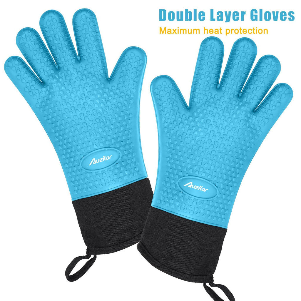Auzilar Silicone Cooking Gloves, Grilling Gloves, Heat Resistant Gloves BBQ Kitchen Silicone Oven Mitts, Long Waterproof Non-Slip Potholder for Barbecue, Cooking, Baking