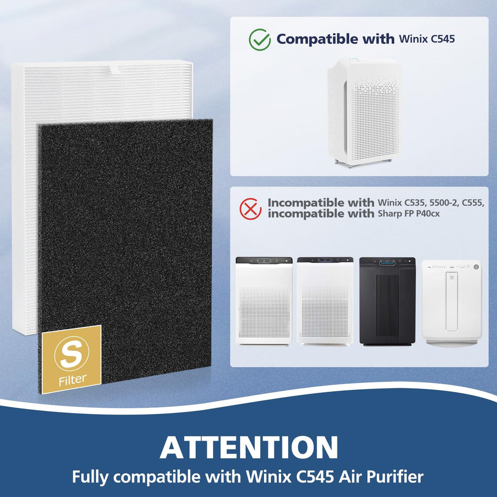 C545 H13 True HEPA Replacement Filter S Compatible with Winix C545 Air Purifier, Replaces Part 1712-0096-00 and 2522-0058-00, 1 True HEPA Filter + 4 Activated Carbon Filters, 1 Pack