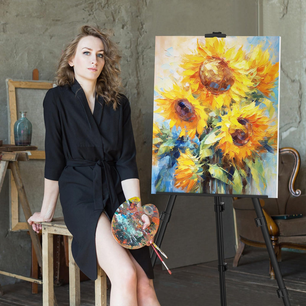 Art Painting Tripod Easel Stand - Portable Adjustable Display Artist Metal Easel with 1 Bag for Tabletop/Floor Painting, Height from 17 to 66 inches, Sturdy for Drawing, Displaying - Black