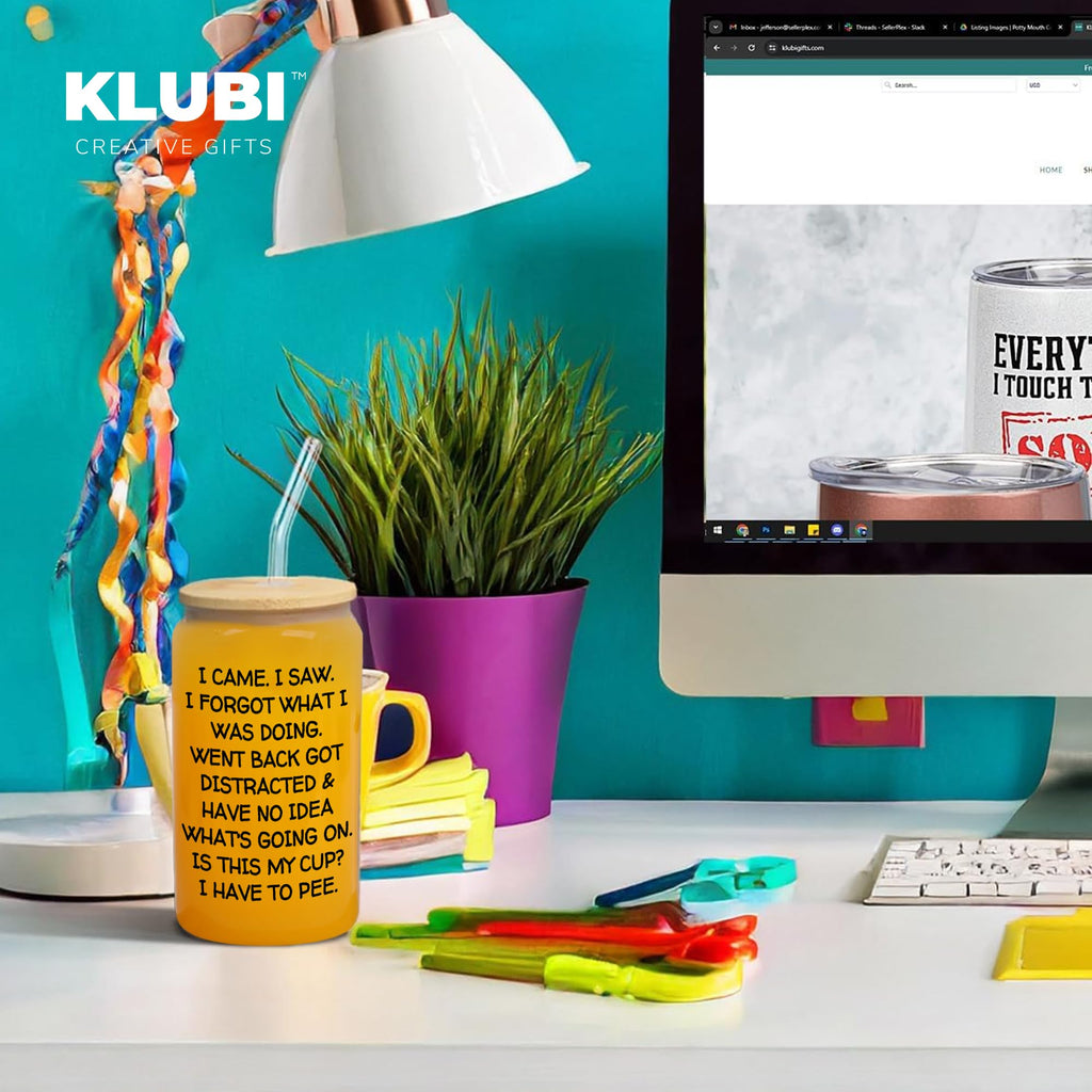 KLUBI I Came I Saw I Forgot Cup 16oz Glass 60th Birthday Gifts for Women Birthday Gifts for Men Grandpa Gifts for Him Drinking Cups for Elderly Senior Citizen Tumbler I Came I Saw I Forgot Coffee Mug