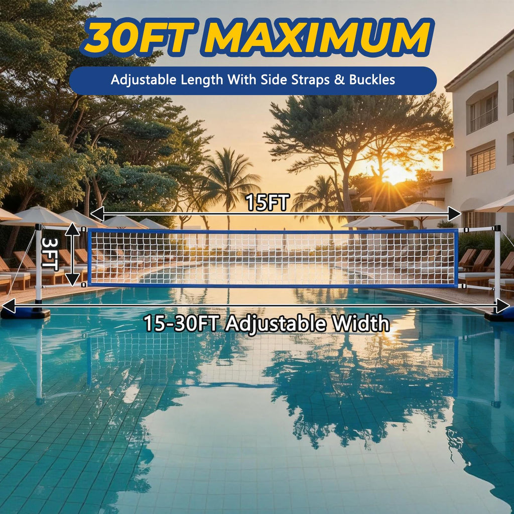Pool Volleyball Net Replacement, Heavy Duty PE Net with Adjustable Length 15-30 FT, Waterproof Oxford Border for Outdoor In-Ground & Above Ground Pools, Includes Carabiners & Storage Bag (Blue)